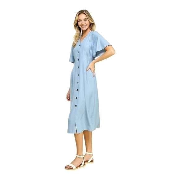 Women Dress ZARA Denim Blue Button Down Comfortable Fit Chambray Midi Robe Dress - Picture 2 of 10